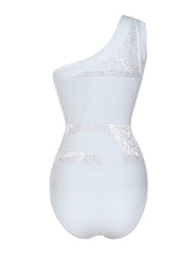 Glossy White Mesh Splicing One Shoulder Swimwear Removable Padding Unique