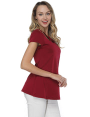 Delightful Wine Red Flared Hem T-Shirts Short-Sleeved