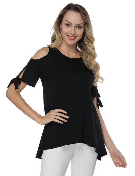 Cold Shoulder Shirts Black Knot Short Sleeves Comfort Fashion