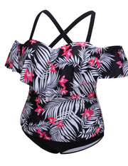 Well-Suited Flounce Printed Big Tankini Cold Shoulder