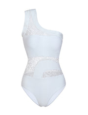 Glossy White Mesh Splicing One Shoulder Swimwear Removable Padding Unique