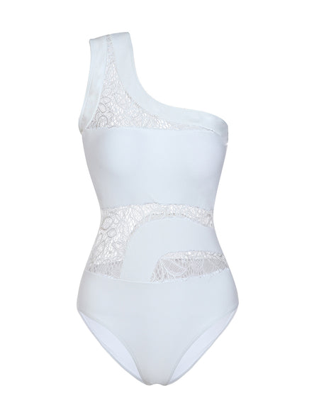 Glossy White Mesh Splicing One Shoulder Swimwear Removable Padding Unique