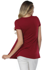 Delightful Wine Red Flared Hem T-Shirts Short-Sleeved