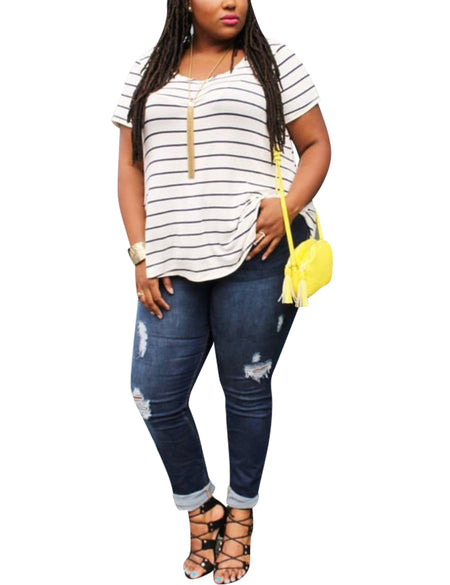 Plus Stretch Ripped Dark Blue Pencil Jeans Patch Pocket Super Faddish