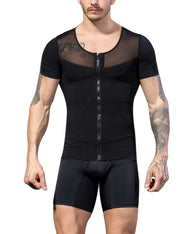 Zipper Closure Mens Black Shaper Top Mesh Patchwork Sleek Smoother