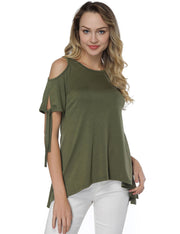Glossy Round Neck T-Shirt Green High-Low Hem Versatile Item