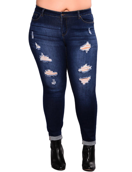 Royal Dark Blue Queen Size Ripped Pencil Jean Ankle Length Lady Pants