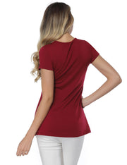 Delightful Wine Red Flared Hem T-Shirts Short-Sleeved
