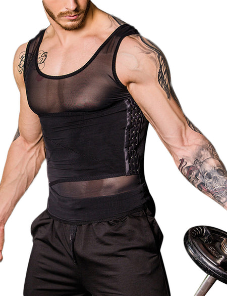 Traditional Black Mesh Men Tank Shaper Crossover Pull Back Secret Slimming