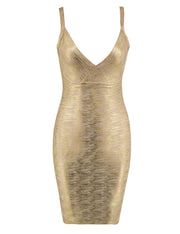 Dainty Bodycon Gold Slip Dress Plunge Neck Zipper Back