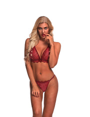 Amorous Wine Red G-String Triangle Cup See Through Bra Sets