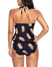 Fashion Halter Hollow Out Plus Bathingsuit Pineapple Print