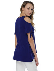 Cut Out Short Sleeve Blouses Dark Blue Side Split Loose Fit