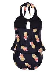 Fashion Halter Hollow Out Plus Bathingsuit Pineapple Print