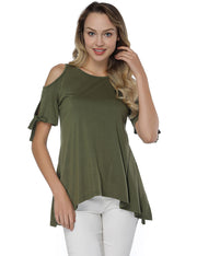 Glossy Round Neck T-Shirt Green High-Low Hem Versatile Item