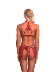 Inviting Wine Red Waist Bowknot Babydoll With G-String Lace