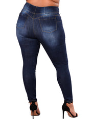 Empire Waist Leggy Dark Blue Denim Pants Large Size 4 Buttons Skinny