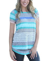 Breathable Stripe Splicing Blue Short T-Shirt Side Button Detail