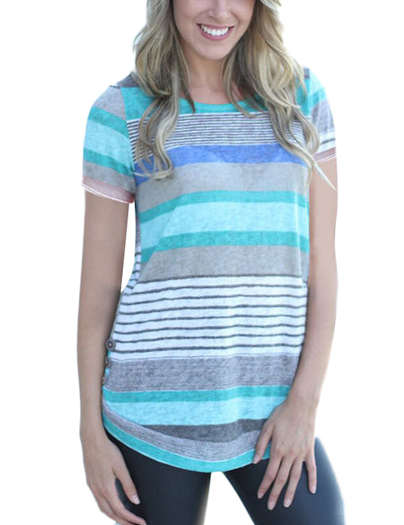 Breathable Stripe Splicing Blue Short T-Shirt Side Button Detail