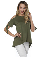 Glossy Round Neck T-Shirt Green High-Low Hem Versatile Item