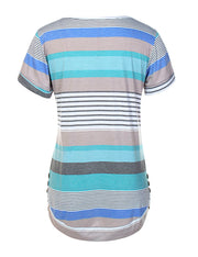 Breathable Stripe Splicing Blue Short T-Shirt Side Button Detail