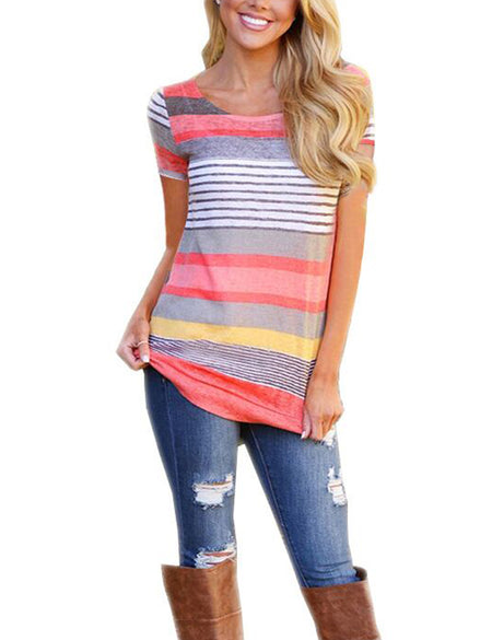 Dynamic Orange Striped Pathwork Short Sleeve Tee Round Neck Shop Online