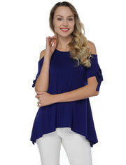 Cut Out Short Sleeve Blouses Dark Blue Side Split Loose Fit