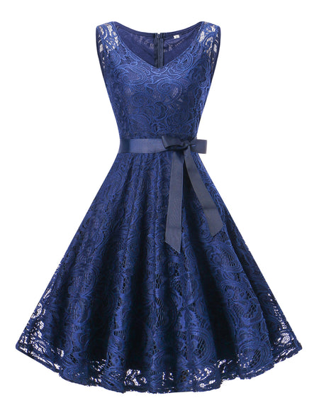 Inviting Navy Blue Pleated Sash Cocktail Dress Queen Size