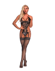 Diaphanous Lace Eyelash Black Cut Out Teddy With Garter Belts