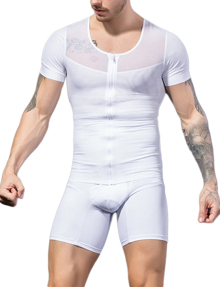 Dreamlike White Male Splicing Shapewear Short Sleeves Higher Power