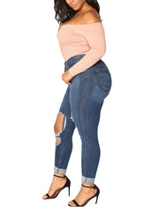 Sparkling Blue Pencil Large Denim Pants Zip And Button Closure Tops
