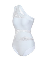 Glossy White Mesh Splicing One Shoulder Swimwear Removable Padding Unique
