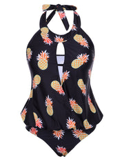Fashion Halter Hollow Out Plus Bathingsuit Pineapple Print