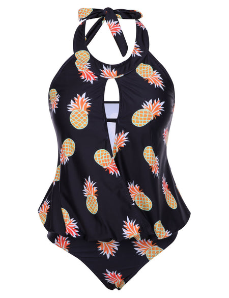 Fashion Halter Hollow Out Plus Bathingsuit Pineapple Print