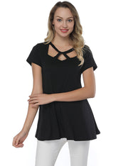 Black Hollow Out Round Neck Shirts Short Sleeves Streetstyle