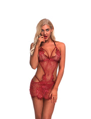 Inviting Wine Red Waist Bowknot Babydoll With G-String Lace