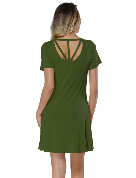 Fabulously Cut Out Army Green Mini Length Dress Round Collar All-Match Style