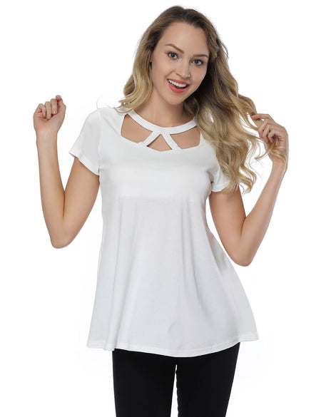 Stylish White Cut Out O Neck Blouses Swing Hem Glamorous Look