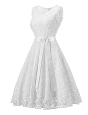 Fabulous White Lace Plus Swing Dress With Bowknot Belt
