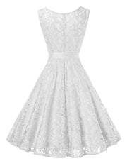 Fabulous White Lace Plus Swing Dress With Bowknot Belt