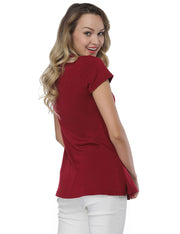 Delightful Wine Red Flared Hem T-Shirts Short-Sleeved
