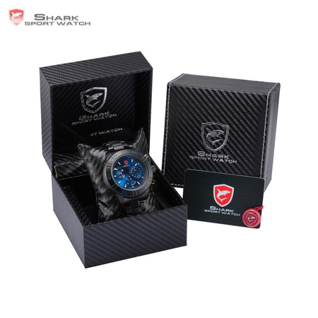 Luxury Leather Gift Box Sandbar Shark Sport Watch 3 Dial Chronograph 24Hr Full Black Steel Band Quartz Men Wristwatch /SH300-304