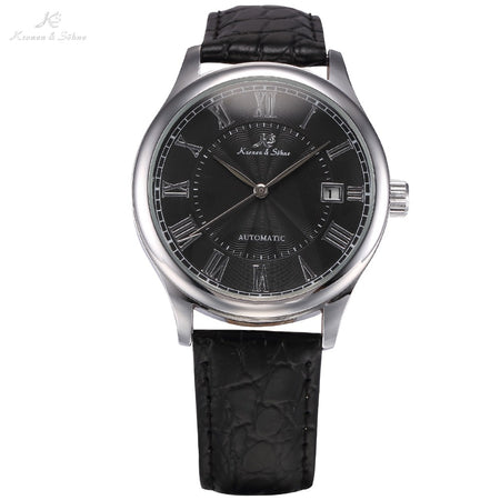 KS Auto Date Display Black Silver Relogio Black Leather Band Analog Mens Casual Clock Wrist Men Automatic Mechanical Watch/KS244