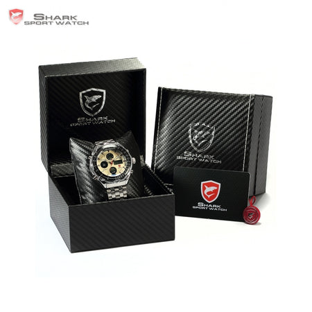 Luxury Leather Box SHARK Sport Watch Mens Watches Top Brand Dual Time Day Steel Band Relogio LCD Quartz Digital Montre/SH109-112