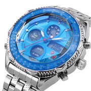 Luxury Leather Box SHARK Sport Watch Mens Watches Top Brand Dual Time Day Steel Band Relogio LCD Quartz Digital Montre/SH109-112
