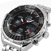 Luxury Leather Box SHARK Sport Watch Mens Watches Top Brand Dual Time Day Steel Band Relogio LCD Quartz Digital Montre/SH109-112