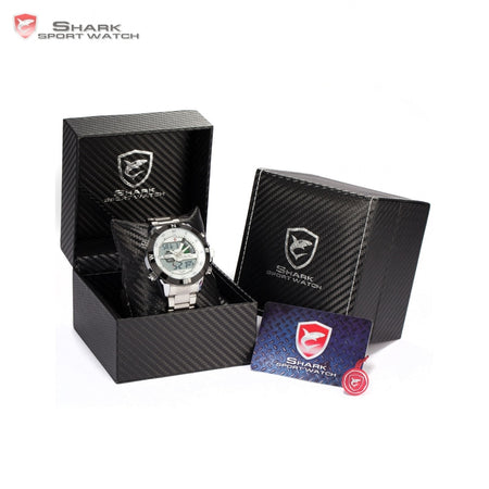 Luxury Leather Box Steel Porbeagle SHARK Sport Watch Dual Time Digital Calendar Alarm Stopwatch Men Quartz Wristwatch /SH046/047