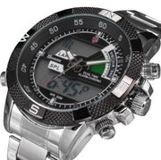 Luxury Leather Box Steel Porbeagle SHARK Sport Watch Dual Time Digital Calendar Alarm Stopwatch Men Quartz Wristwatch /SH046/047