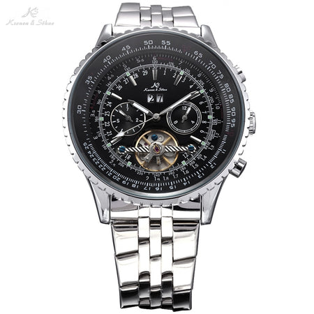 KS Black Dial 6 Hands Date Day Tourbillion Analog Stainless Full Steel Strap Wrist Dress Auto Men's Mechanical Watch Gift /KS084