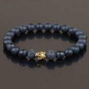 1Pc Mens Matte Black Nature Beads Bracelet,Gold-color Skull Bracelet Jewelry,Black Lava Rock Beads Bracelet,Stretch Bracelet